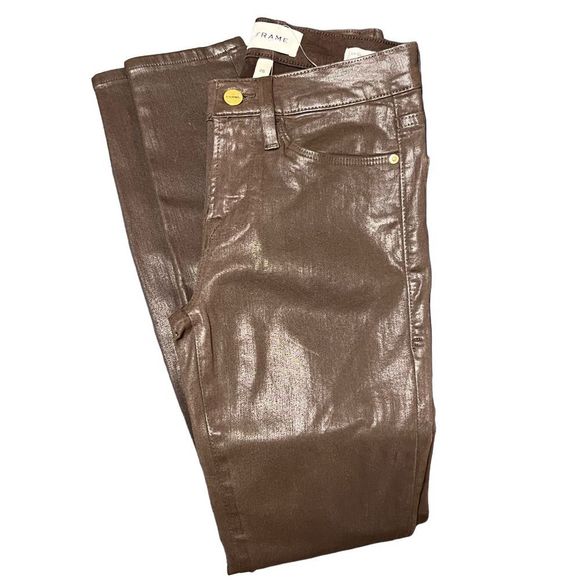 NWT FRAME Chocolate Brown Coated Jeans Denim Pants Size 26 - Picture 11 of 16